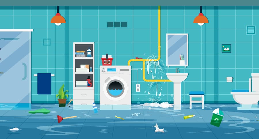 Illustration of flooding bathroom because of a leaky pipe